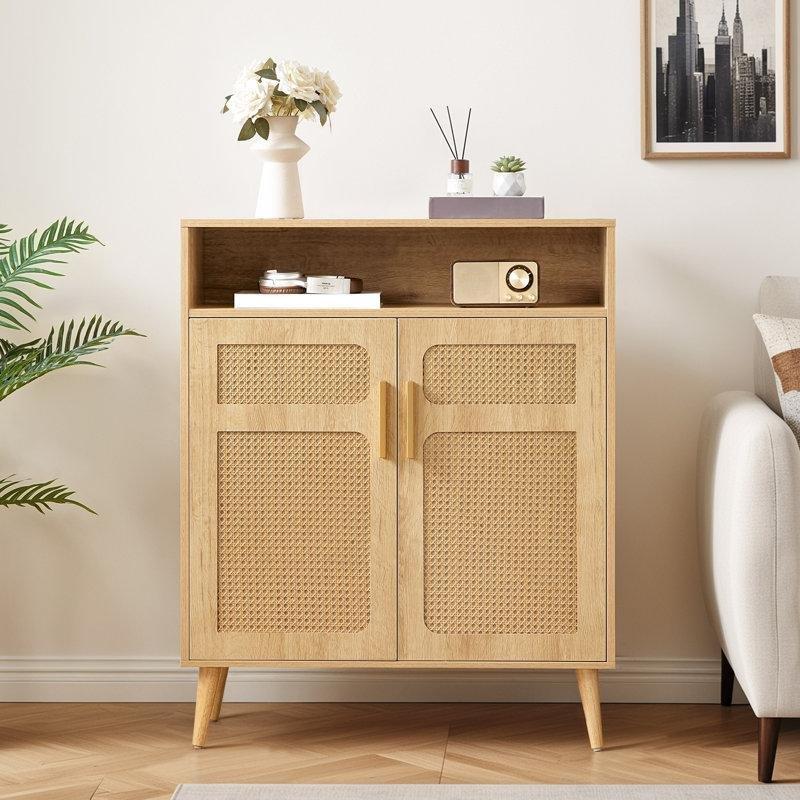 Doğal Ahşap Rattan Kapaklı Ayarlanabilir Raflı Gold Masif Ayaklı Ayakkabılık Dolabı - 81x35x100 cm - 230139