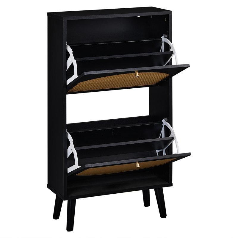 Doğal Ahşap Rattan Panelli 2 Düşer Kapaklı Ayakkabılık - 54x24x98 cm - 229891