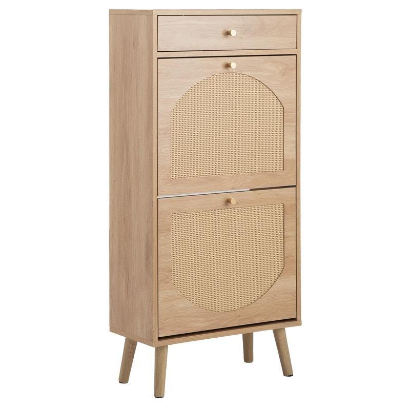 Doğal Ahşap Rattan Panelli Suntalam Çekmeceli Düşer Kapaklı Ayakkabılık - 55x25x111 cm - 228236