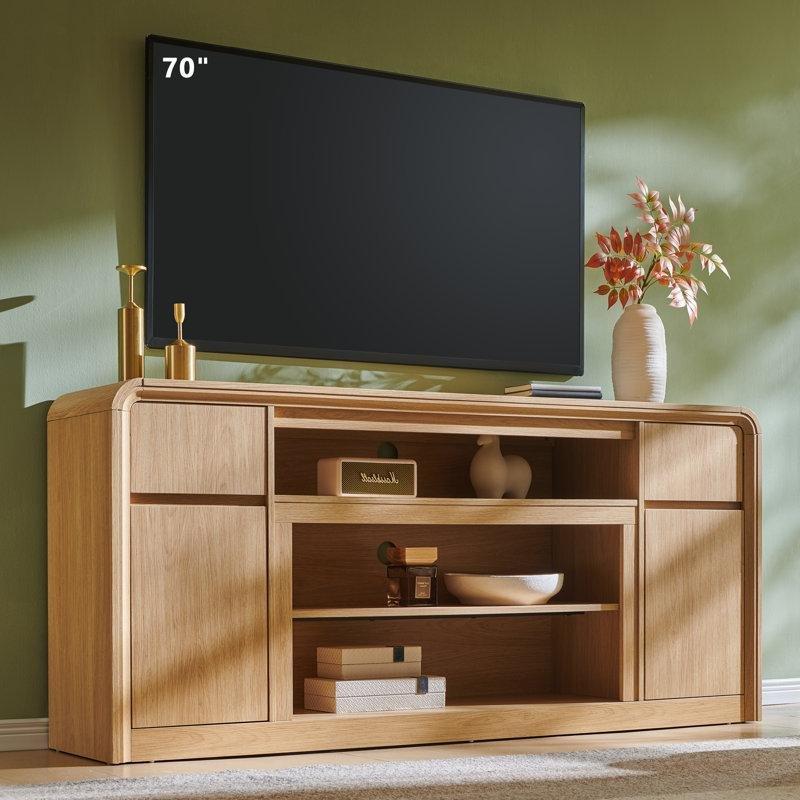 Doğal Ahşap Rengi Ahşap Kavisli Tasarım Çekmeceli Dolaplı TV Ünitesi - 178 cm - 220620