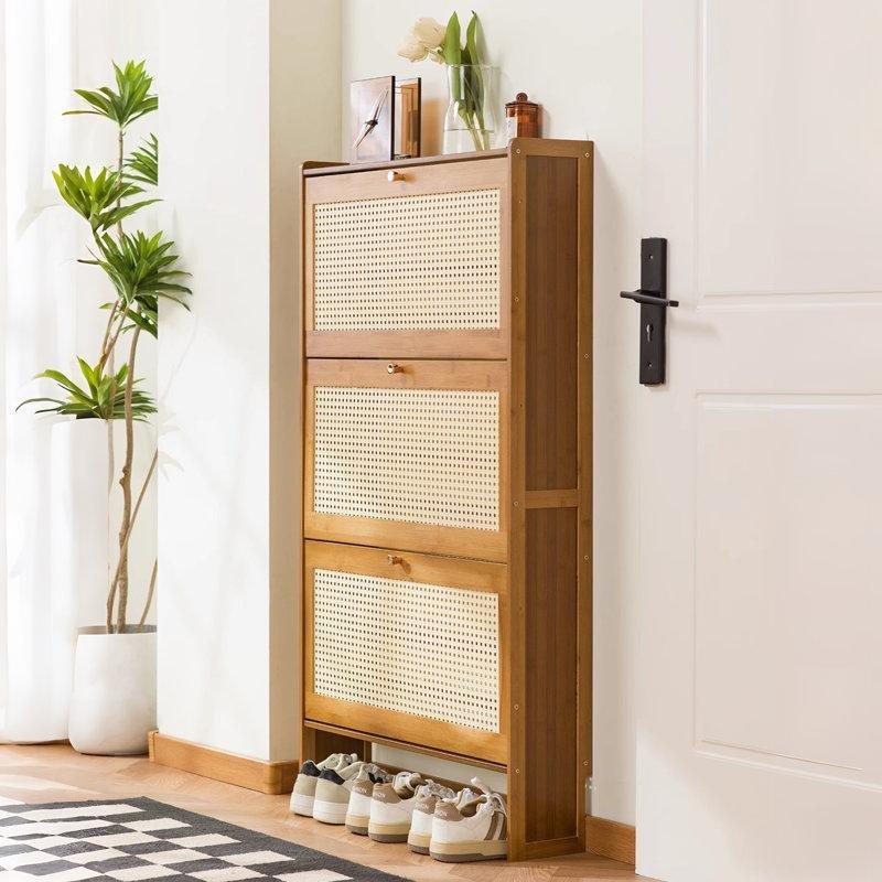 Doğal Ahşap Rengi Bambu Masif Ahşap Rattan Düşer Kapaklı 2 Çekmeceli Ayakkabılık - 121x69x18 cm - 228166