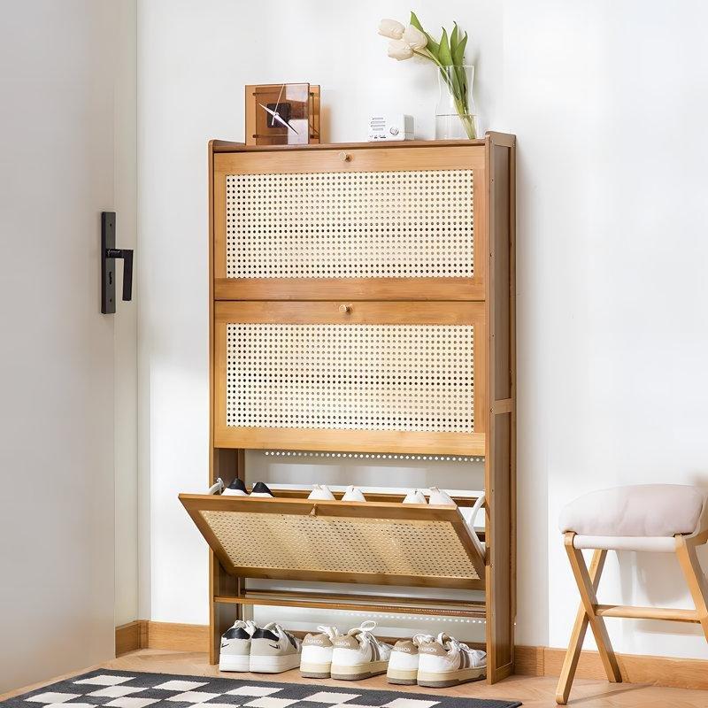 Doğal Ahşap Rengi Bambu Masif Ahşap Rattan Düşer Kapaklı 2 Çekmeceli Ayakkabılık - 121x69x18 cm - 228166