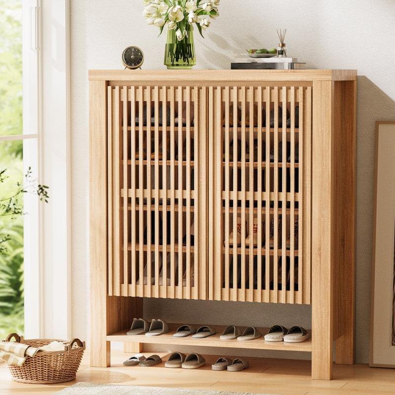 Doğal Ahşap Rengi Kapaklı 6 Ayarlanabilir Raflı Ayakkabılık - 82x39x110 cm - 229448