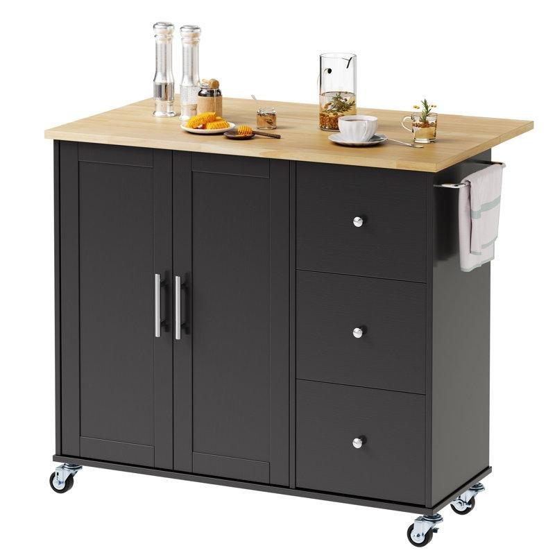 Doğal Ahşap Rengi Kauçuk Ağacı Açılır Tablalı Tekerlekli Mutfak Adası - 101 cm - 176940