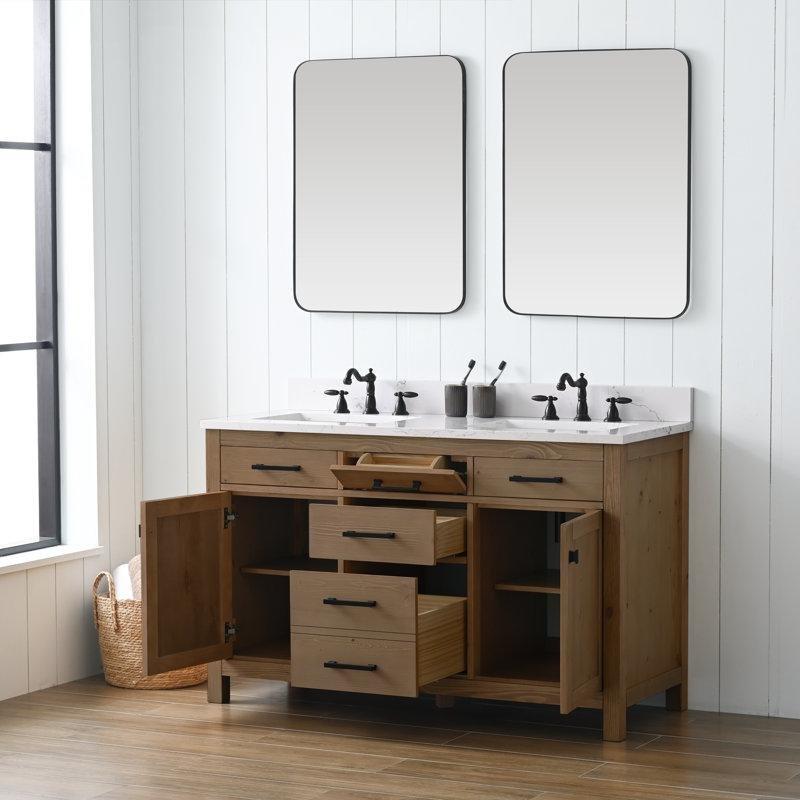 Doğal Ahşap Rengi Masif Ahşap Çift Lavabolu Yavaş Kapanır Çekmeceli Ayaklı Banyo Dolabı Carrara Beyazı Taş Tezgahlı - 138 cm - 202144