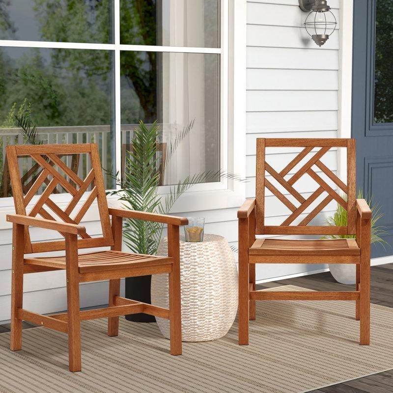 Doğal Ahşap Rengi Masif Ahşap Kollu Latalı Bahçe Sandalyesi - 2li Set - 173896