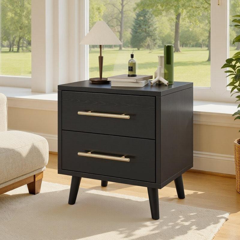 Doğal Ahşap Rengi Masif ve MDF İki Çekmeceli Metal Kulplu Konik Ayaklı Komodin - 47x39x51 cm - 222571