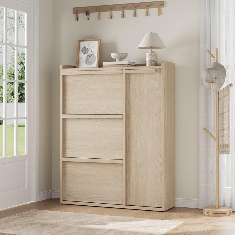 Doğal Ahşap Rengi MDF 3 Düşer Kapaklı ve Yan Bölmeli Ayakkabılık Dolap - 81x26x118 cm - 227795