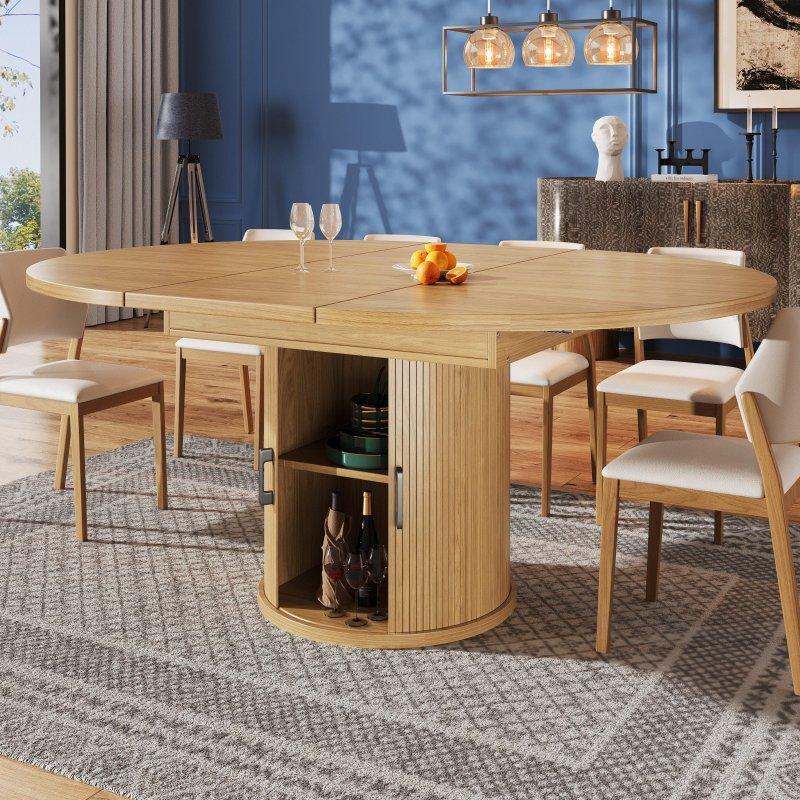 Doğal Ahşap Rengi MDF Açılabilir Saklama Alanlı Yuvarlak Bohem Yemek Masası - 118-158 cm - 236774