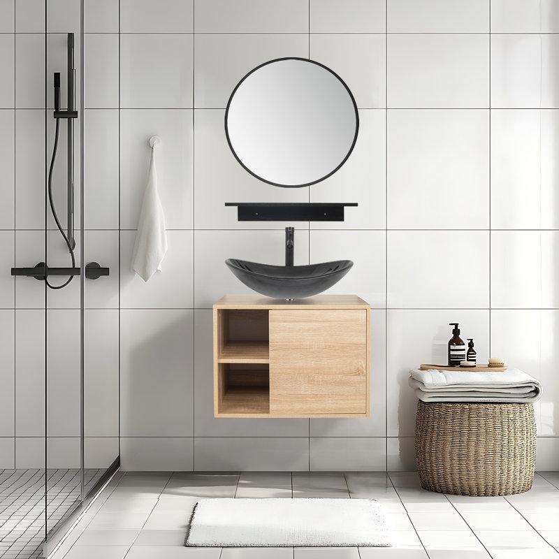 Doğal Ahşap Rengi MDF Duvara Monte Aynalı Banyo Lavabo Dolabı - 61 cm - 201596