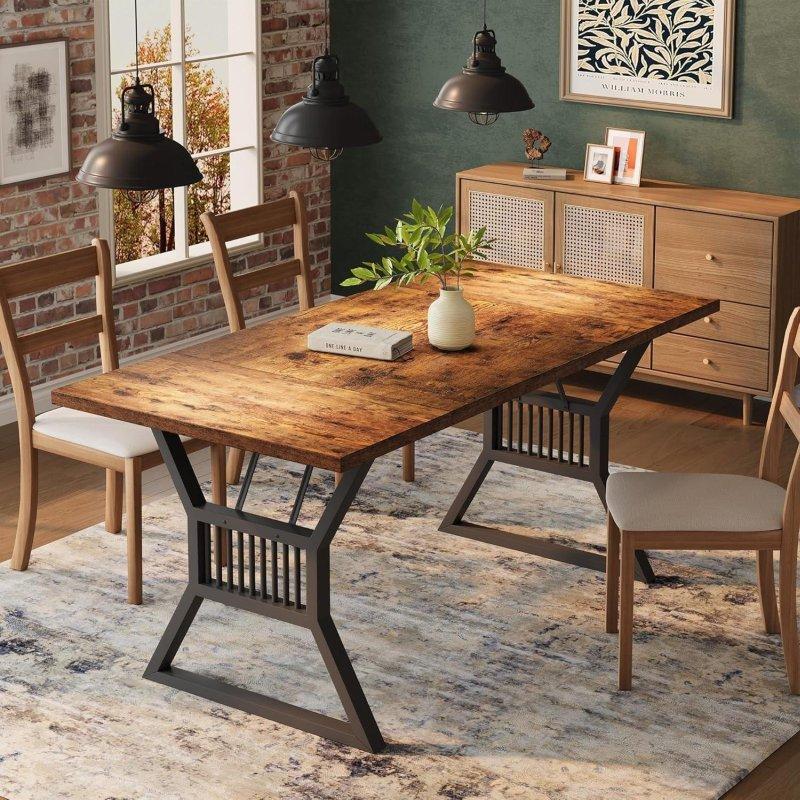 Doğal Ahşap Rengi MDF Metal Ayaklı Su Geçirmez Tablalı Dikdörtgen Bohem Yemek Masası - 180x75 cm - 237548