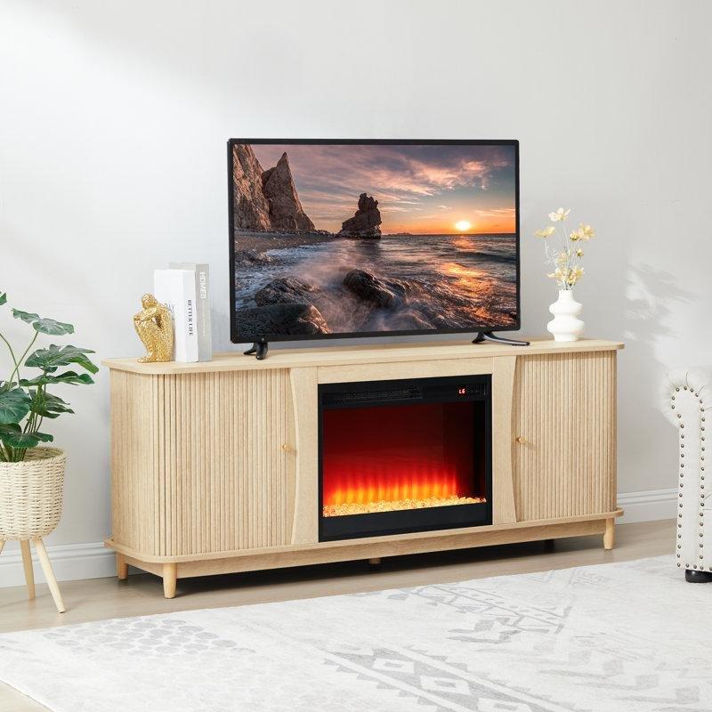 Doğal Ahşap Rengi MDF Yivli Kapaklı Elektrikli Şömineli TV Ünitesi - 160 cm - 221022