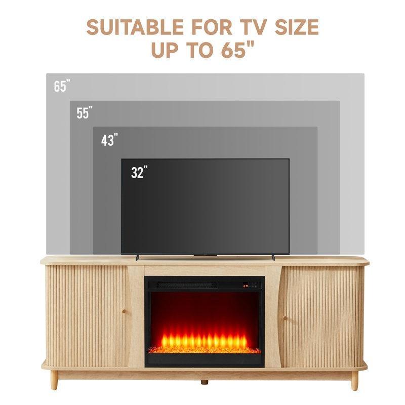 Doğal Ahşap Rengi MDF Yivli Kapaklı Elektrikli Şömineli TV Ünitesi - 160 cm - 221022