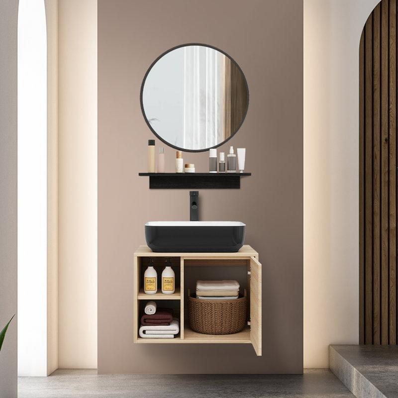 Doğal Ahşap Rengi PVC Aynalı Sürgülü Kapaklı Duvara Monte Banyo Dolabı Seti - 61 cm - 201219