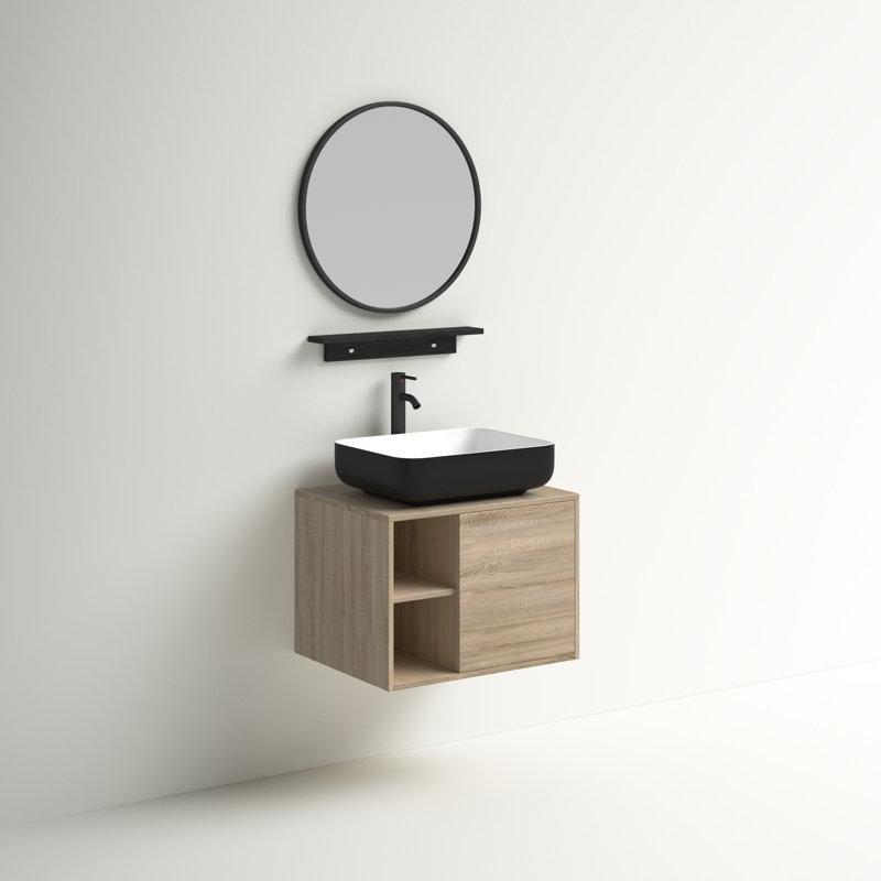 Doğal Ahşap Rengi PVC Aynalı Sürgülü Kapaklı Duvara Monte Banyo Dolabı Seti - 61 cm - 201219