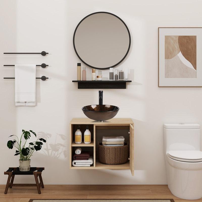 Doğal Ahşap Rengi PVC Cam Lavabolu Aynalı ve Bataryalı Duvara Monte Banyo Dolabı - 61 cm - 201436