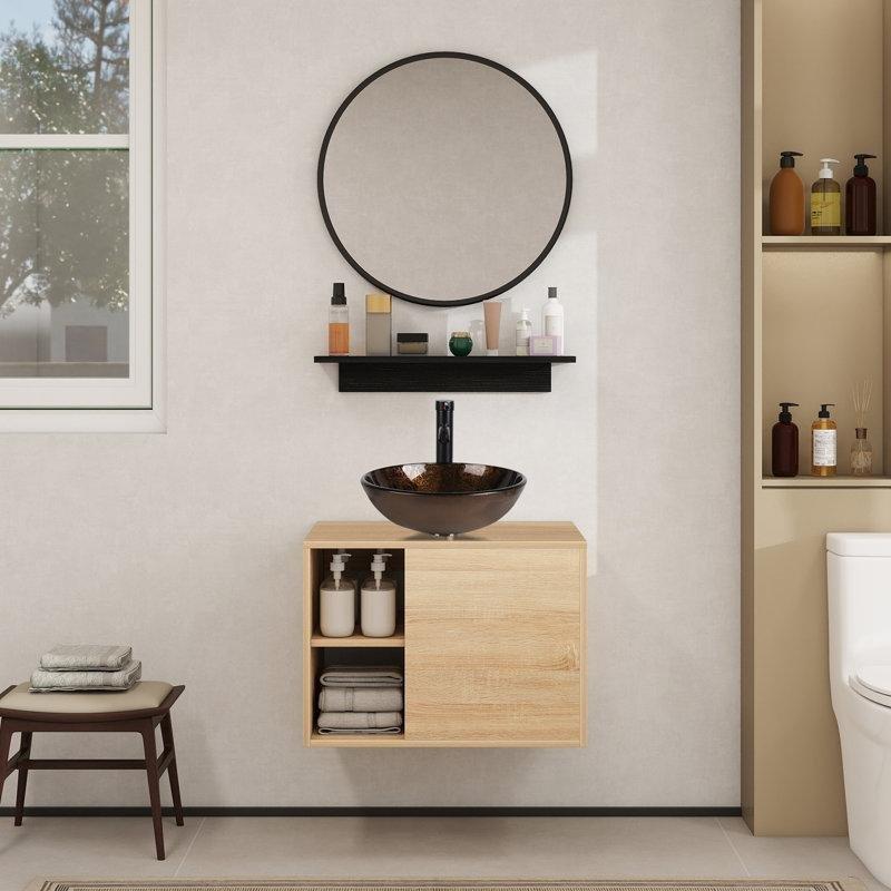 Doğal Ahşap Rengi PVC Cam Lavabolu Aynalı ve Bataryalı Duvara Monte Banyo Dolabı - 61 cm - 201436