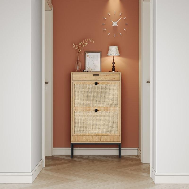Doğal Ahşap Rengi Rattan Çekmeceli Düşer Kapaklı Ayakkabılık - 105x60x22 cm - 230143