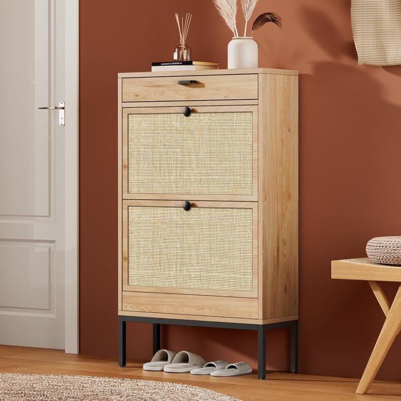 Doğal Ahşap Rengi Rattan Çekmeceli Düşer Kapaklı Ayakkabılık - 105x60x22 cm - 230143