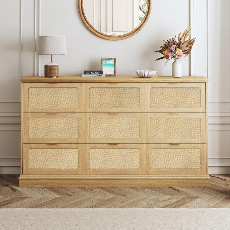 Doğal Ahşap Rengi Rattan Desenli 9 Çekmeceli Gold Kulplu Bohem Şifonyer - 154 cm - 182116