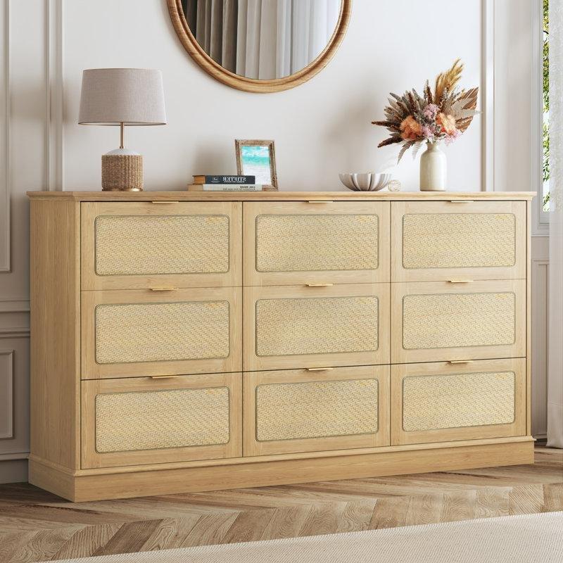Doğal Ahşap Rengi Rattan Desenli 9 Çekmeceli Gold Kulplu Bohem Şifonyer - 154 cm - 182116