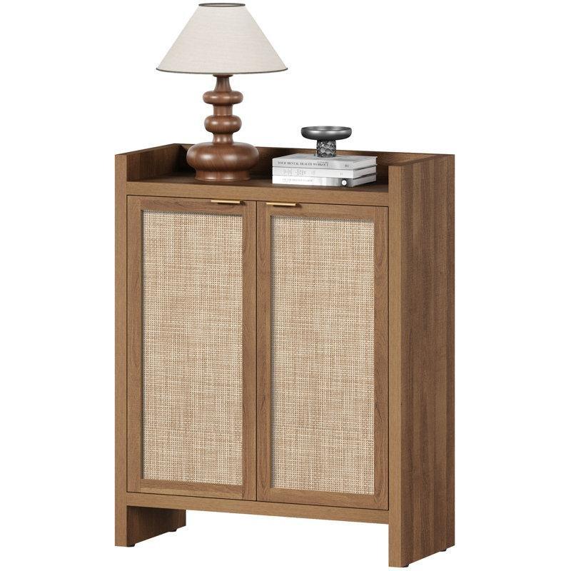 Doğal Ahşap Rengi Rattan Kapaklı Ayarlanabilir Raflı Ayakkabılık Dolabı - 230437