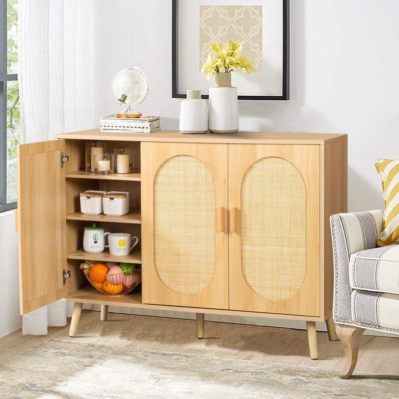 Doğal Ahşap Rengi Rattan Kapaklı Masif Bacaklı Ayakkabılık Dolabı - 113 cm - 230034