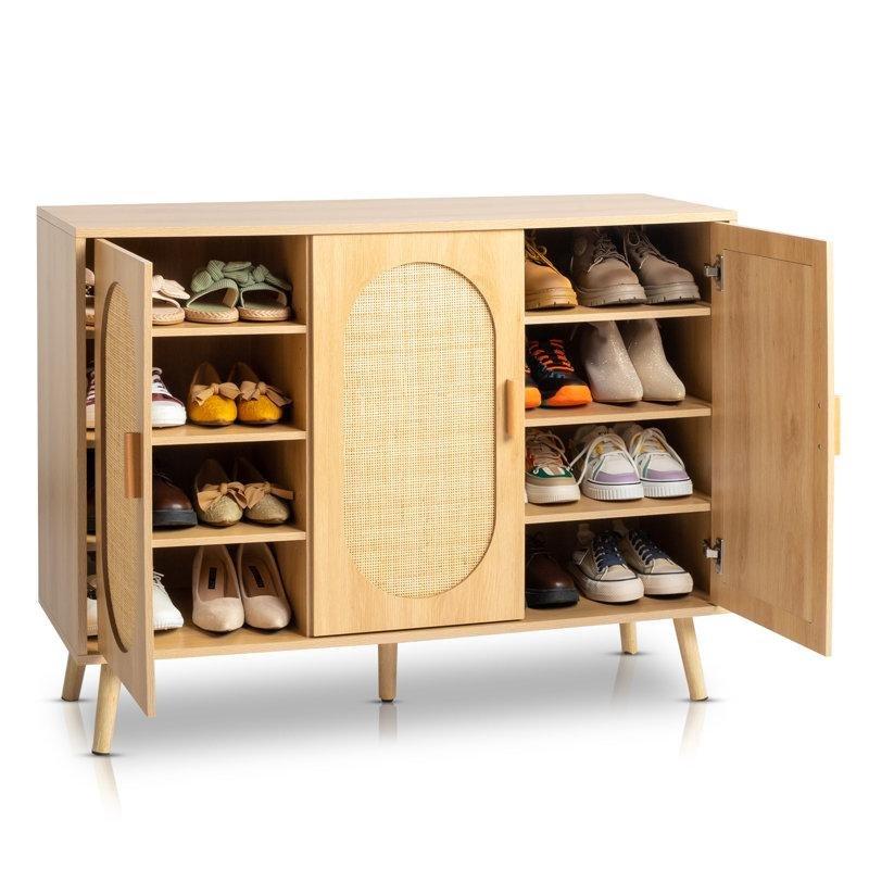 Doğal Ahşap Rengi Rattan Kapaklı Masif Bacaklı Ayakkabılık Dolabı - 113 cm - 230034
