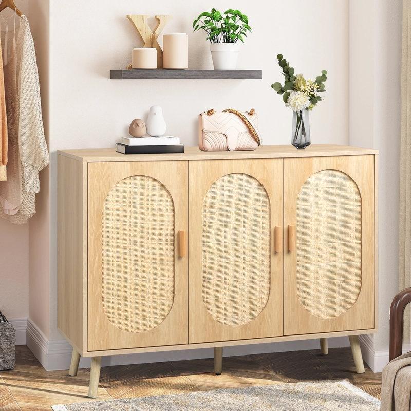 Doğal Ahşap Rengi Rattan Kapaklı Masif Bacaklı Ayakkabılık Dolabı - 113 cm - 230034