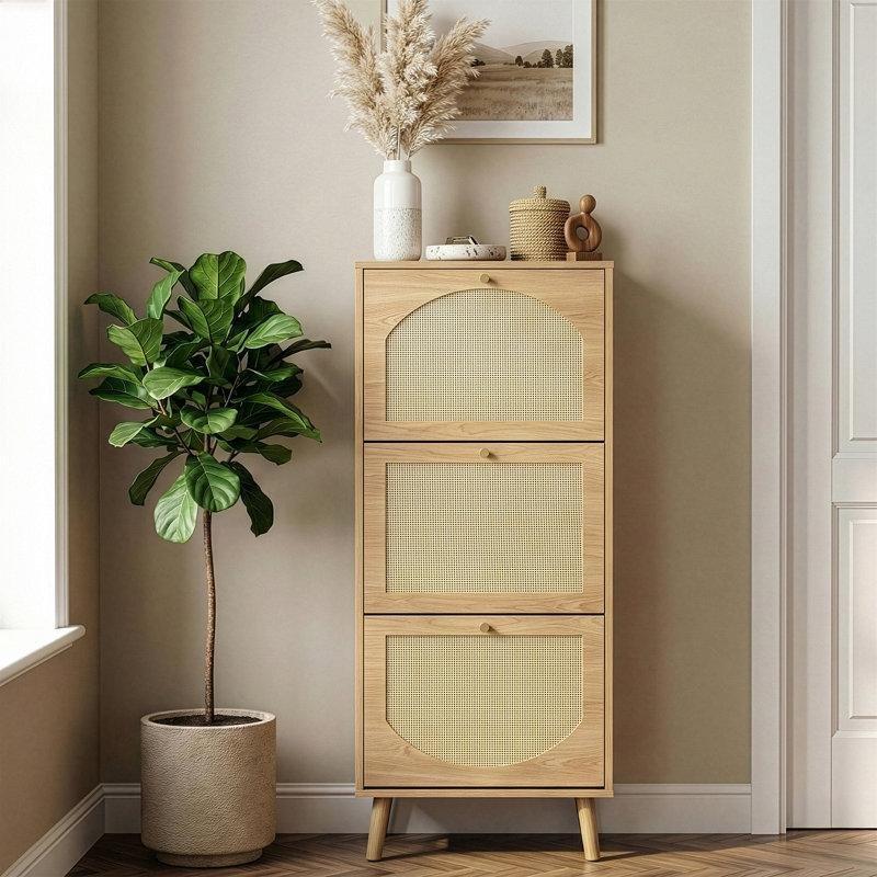 Doğal Ahşap Rengi Suntalam Rattan Panelli 3 Düşer Kapaklı Ayakkabılık - 55x25x136 cm - 227148