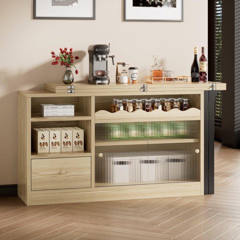 Doğal Ahşap Rengi ve Siyah MDF Çelik Dönebilir Genişletilebilir Dolaplı Bar Masası - 120x80 cm - 232525