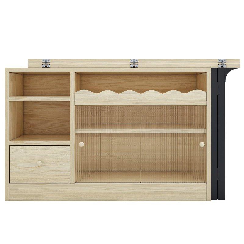 Doğal Ahşap Rengi ve Siyah MDF Çelik Dönebilir Genişletilebilir Dolaplı Bar Masası - 120x80 cm - 232525