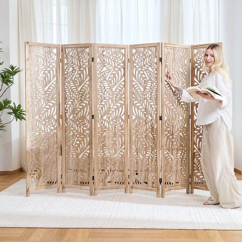 Doğal Ahşap Rengi Yaprak Oymalı Katlanır 6 Panelli Masif Ahşap Paravan - 171x244 cm - 184871