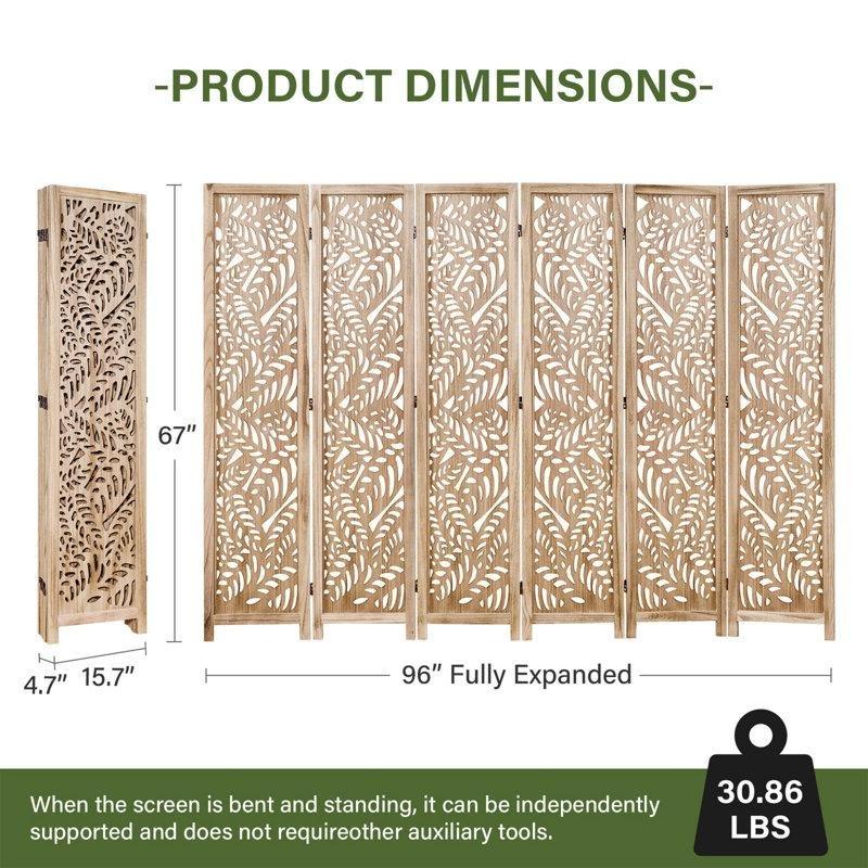 Doğal Ahşap Rengi Yaprak Oymalı Katlanır 6 Panelli Masif Ahşap Paravan - 171x244 cm - 184871