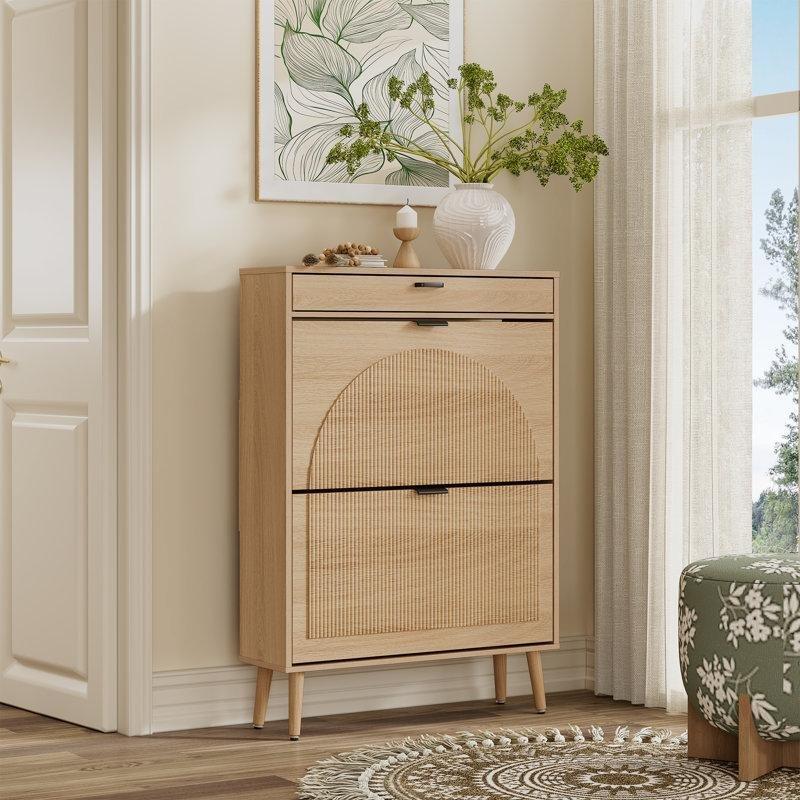 Doğal Ahşap Rengi Yivli Dokulu MDF Çekmeceli Ayakkabılık - 74x105 cm - 228021