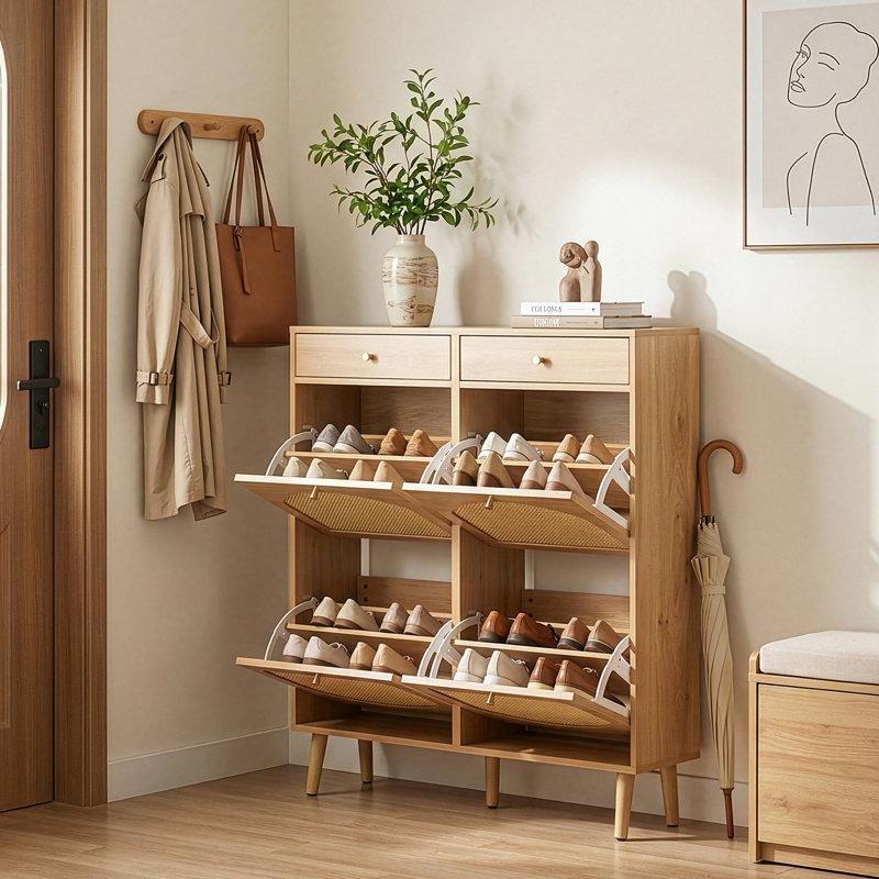 Doğal Ahşap Sunta Rattan Panelli 2 Çekmeceli 4 Düşer Kapaklı Ayakkabılık - 105 cm - 229143