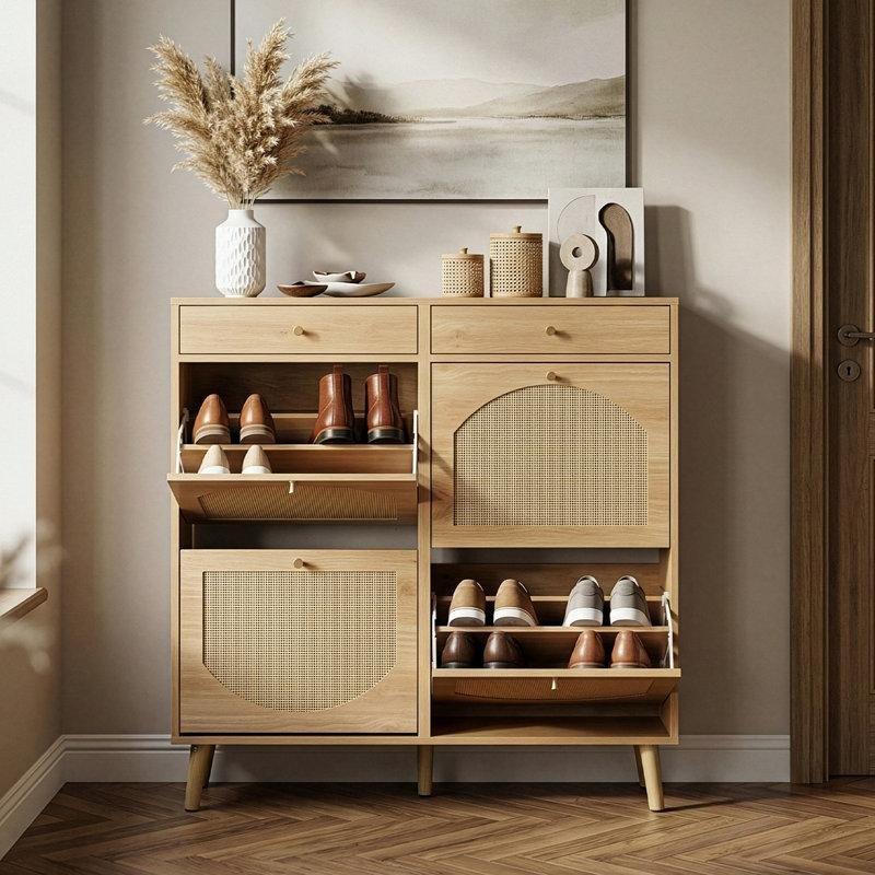 Doğal Ahşap Sunta Rattan Panelli 2 Çekmeceli 4 Düşer Kapaklı Ayakkabılık - 105 cm - 229143