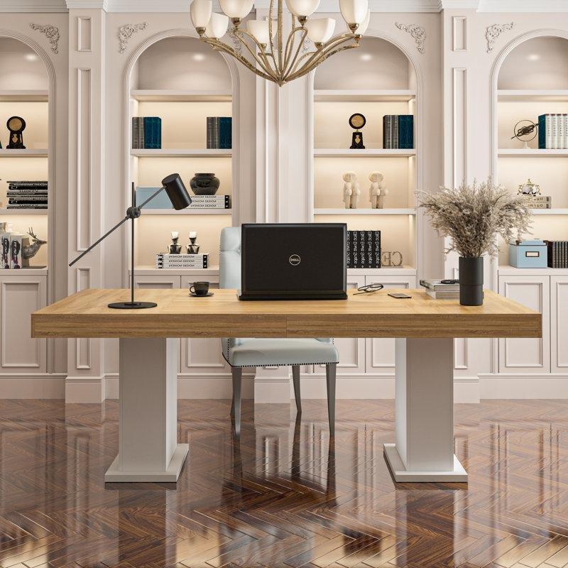 Doğal Ahşap Tablalı Beyaz Ayaklı Geniş Ofis Masası - 200 cm - 177111