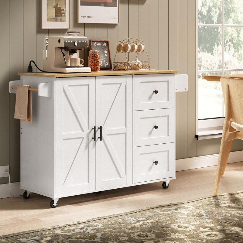 Doğal Ahşap Tezgahlı Tekerlekli ve Prizli MDF Mutfak Adası - 110 cm - 176547