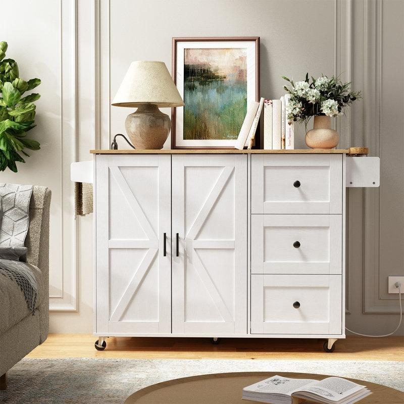 Doğal Ahşap Tezgahlı Tekerlekli ve Prizli MDF Mutfak Adası - 110 cm - 176547