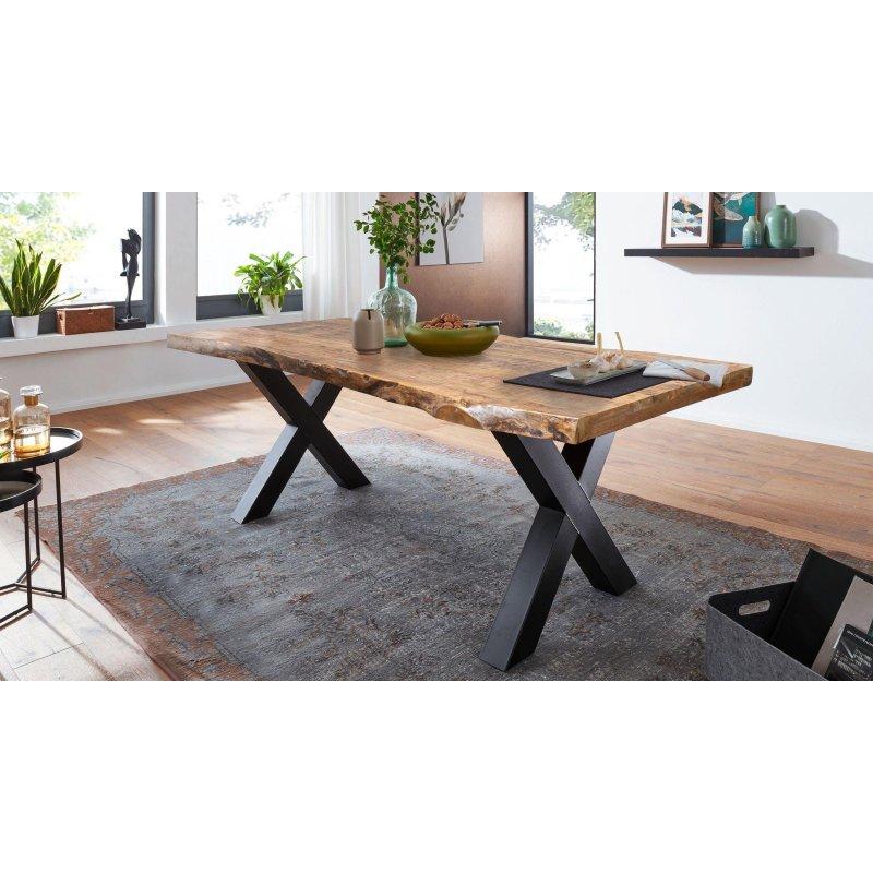 Doğal Ahşap ve Siyah Masif Mango Ağacı Doğal Kenarlı X Ayaklı Bohem Yemek Masası - 140x90 cm - 236556
