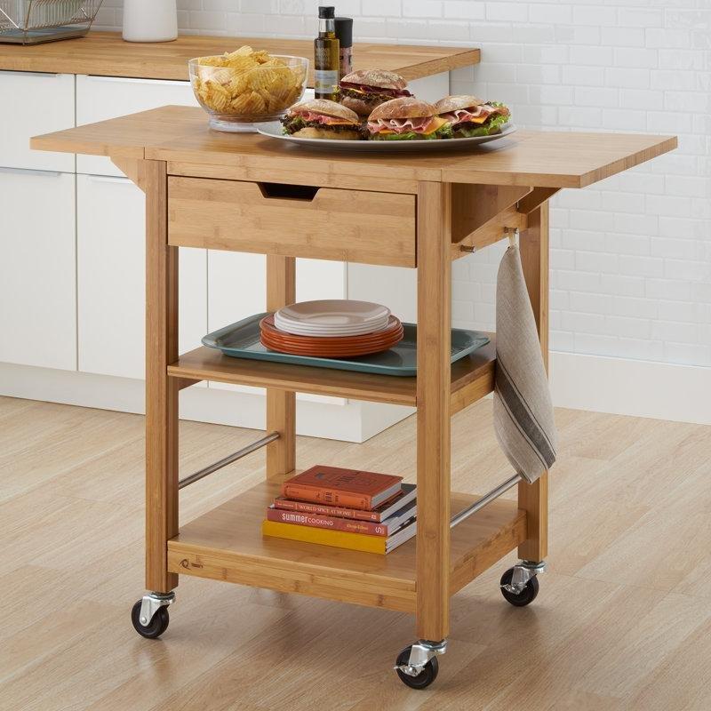Doğal Bambu Çekmeceli Katlanır Yan Kanatlı Tekerlekli Mutfak Servis Arabası - 111x51 cm - 178203
