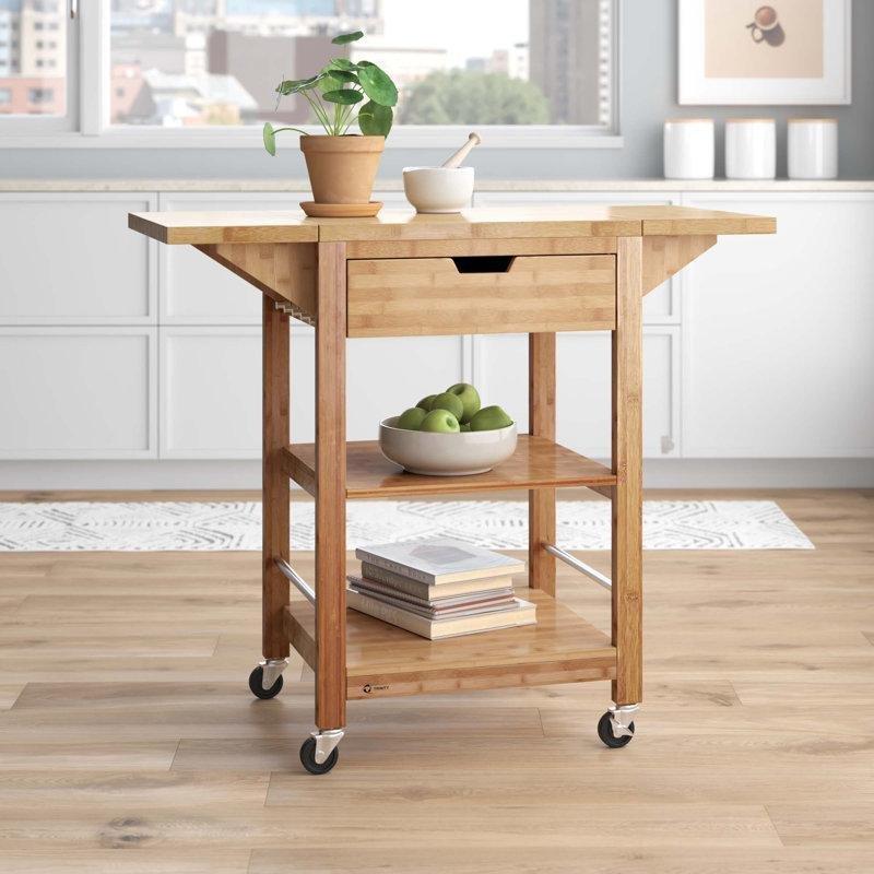 Doğal Bambu Çekmeceli Katlanır Yan Kanatlı Tekerlekli Mutfak Servis Arabası - 111x51 cm - 178203