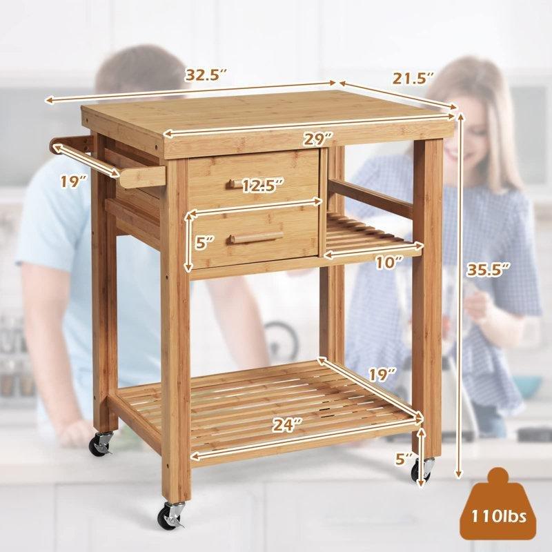 Doğal Bambu Çekmeceli Raflı Tekerlekli Mutfak Servis Arabası - 83x55x91 cm - 178378