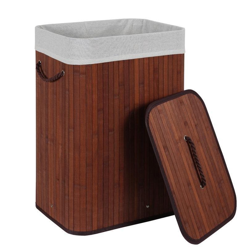 Doğal Bambu Kapaklı Kulplu Çıkarılabilir Astarlı Çamaşır Sepeti - 60x41x30 cm - 187853