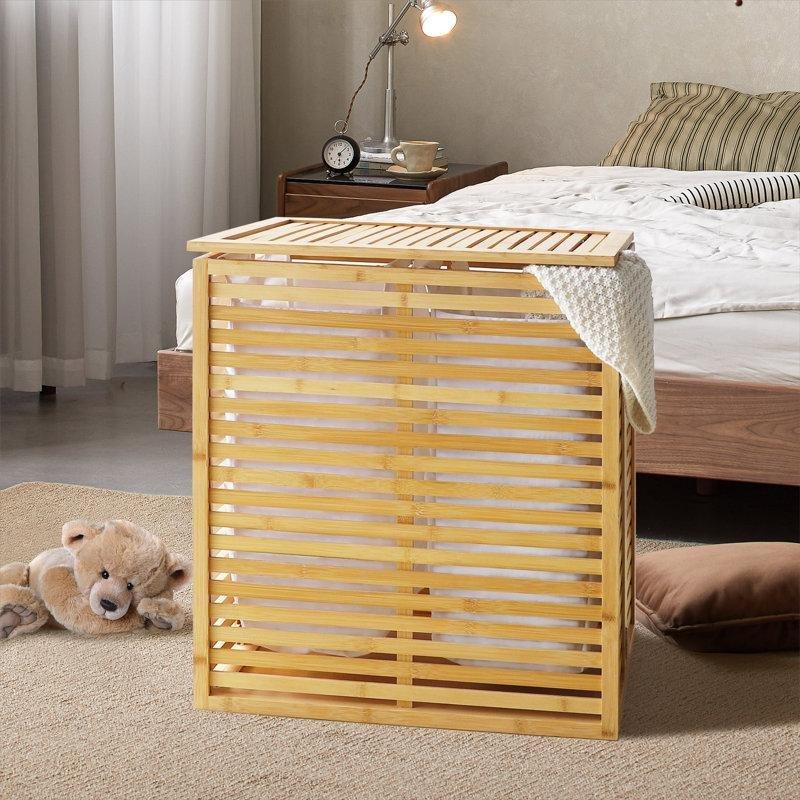 Doğal Bambu Katlanır Çift Bölmeli Çamaşır Sepeti - 56x36x65 cm - 187607