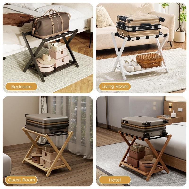 Doğal Bambu Raflı Katlanır Valiz Sehpası - 68 cm - 186844