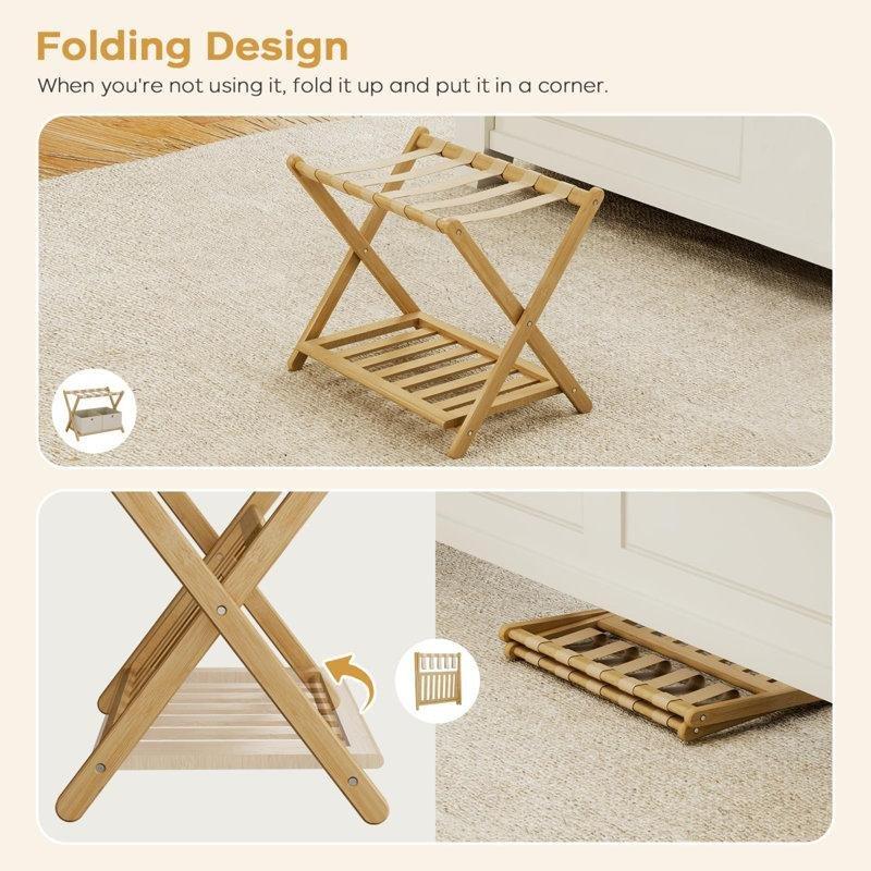 Doğal Bambu Raflı Katlanır Valiz Sehpası - 68 cm - 186844