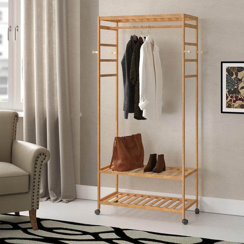 Doğal Bambu Tekerlekli ve Raflı Ayaklı Askılık - 168x78 cm - 165655