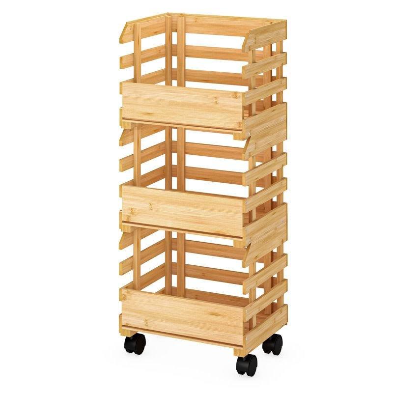 Doğal Bambu ve Masif Ahşap 3 Katlı Tekerlekli Sebzelik - 82x35x26 cm - 177680
